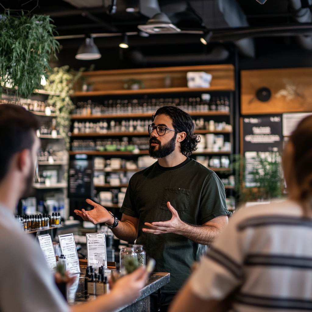 budtender educating customers at a dispensary